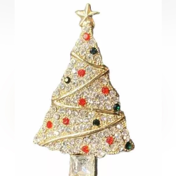 Vintage Christmas Tree Brooch Gold Tone Jewel Encrusted Rhinestones - Picture 6 of 6